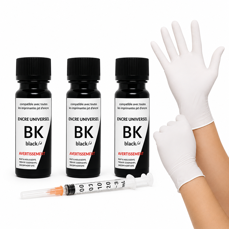 3 bouteilles encre noire avec seringue et gants