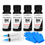 Pack 4 Bouteilles 60ml Encre Noir Universel + 2 seringues et gants