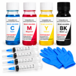 Pack 4 Bouteilles 60ml Encre Universel + 4 seringues et gants